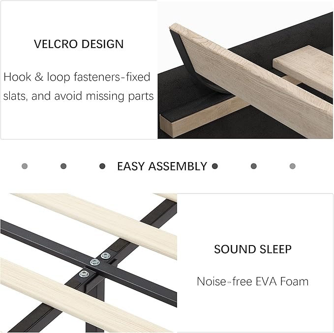 VECELO King Size Bed Frame with Upholstered Headboard, Heavy-Duty Bedframe with Strong Wooden Slats Support, No Boxing Spring Needed, Black