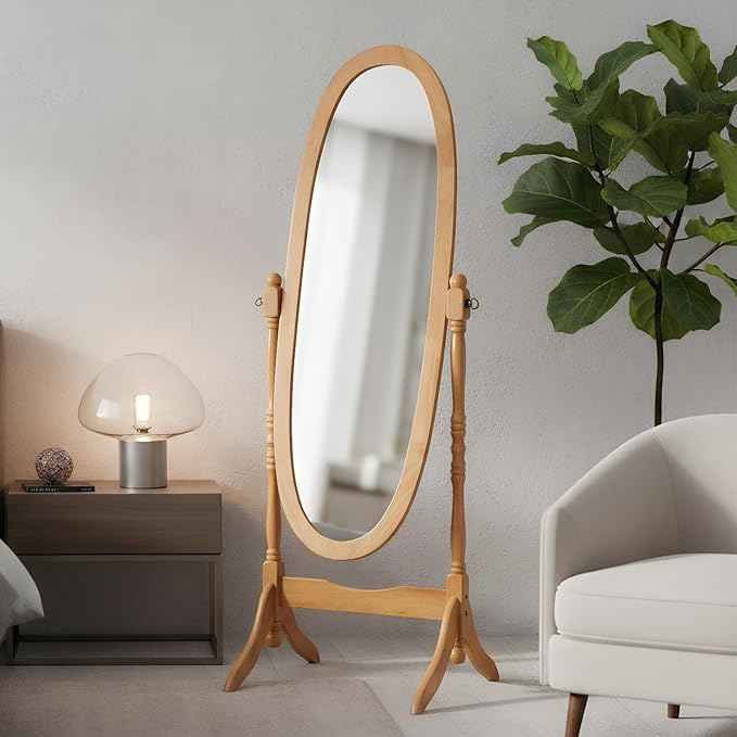 Full Length Mirror with Stand, Vintage Style Wood Floor Cheval Mirror, Traditional Adjustable Free Standing Mirrors Full Length (Oak)