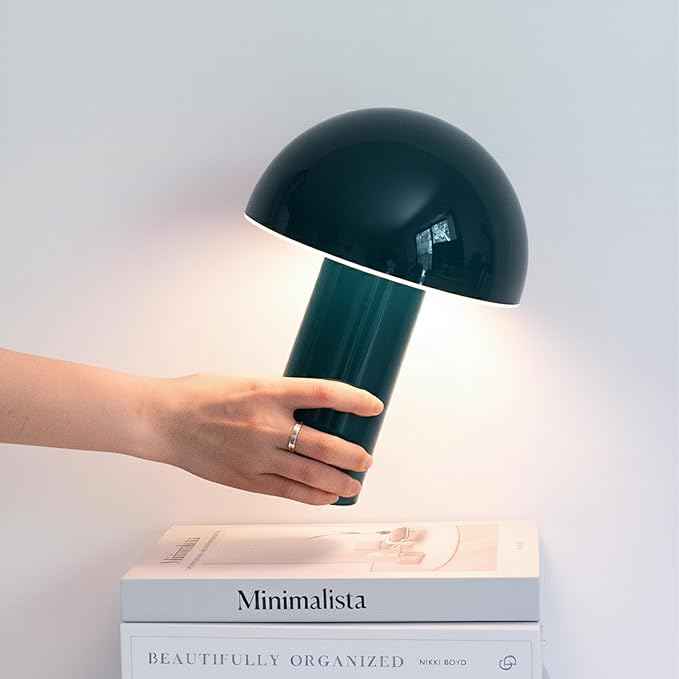 Brightech Celia Small Table Lamp – 10" Touch-Controlled Mushroom Desk Lamp, Cordless & Dimmable LED, Portable Bedside Night Light, Sustainable Light, Recycled Modern Patio Lamp for Home Décor – Teal