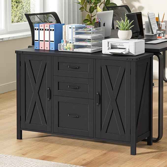 Vabches File Cabinet with 3 Drawers, Farmhouse Lateral File Cabinet Fits Files Letter/A4 Size, Wooden Filing Cabinet with Door and Adjustable Shelves Printer Stand for Home Office, Rustic Black
