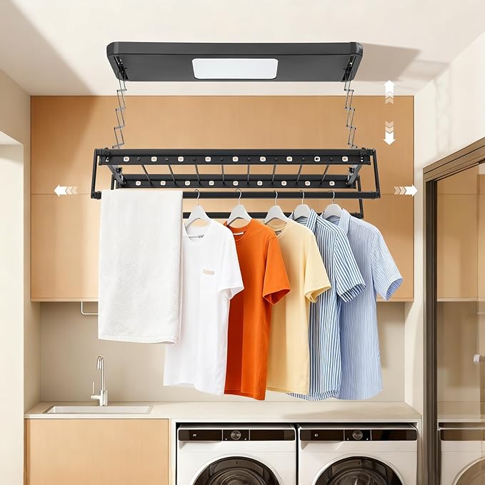 Electric Retractable Airing Rack, Ceiling Mounted Clothes Drying Rack, Retractable Clothesline, Vertical Laundry Drying Rod with LED Light & Remote, 110V 24W, Black