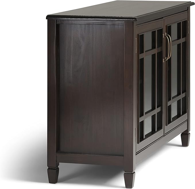 SIMPLIHOME Connaught Storage Cabinet - 46 inch Wide Solid Wood Low Storage Cabinet in Dark Chestnut Brown, Traditional Console for Living Room, Entryway, or Dining Room with Glass Doors and Shelves