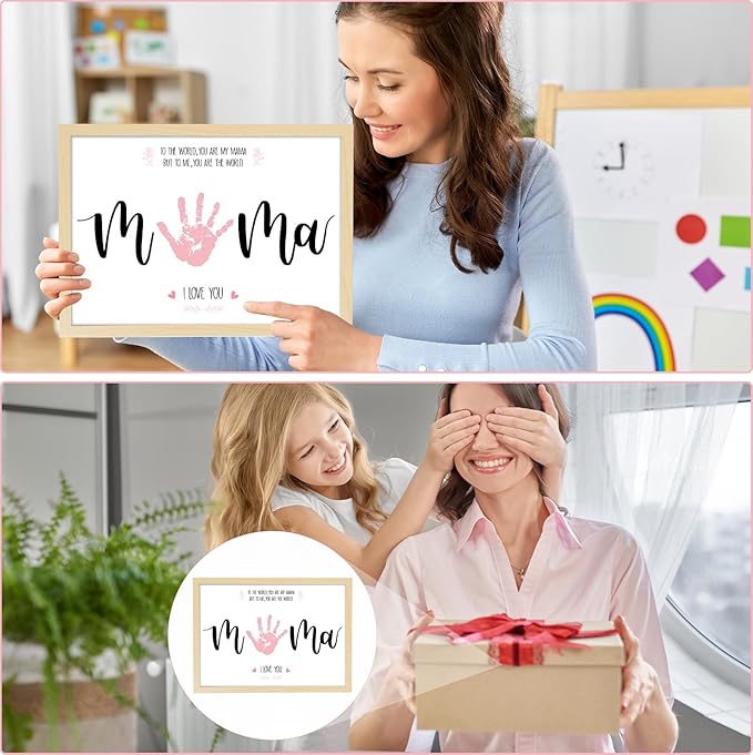 QOUBAI Mother's Day Handprint Art Craft DIY Kit Mother's Day Gifts from Daughter or Son Children Adults Handprint Keepsake with Wood Frame for Mom Grandma Birthday Holiday Activities 12x16 Inch