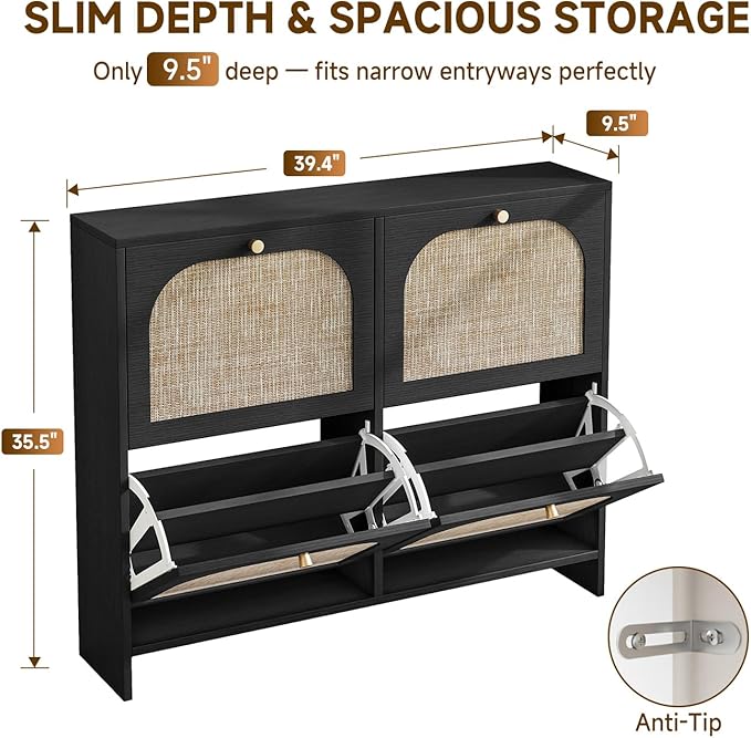 Nicetree Freestanding Arched Rattan Accent Ultra Slim Shoe Cabinet for Entryway - 4 Flip Drawers & 3-Tier Adjustable Shelves, Farmhouse Modern Rustic Shoe Rack for Hallway Foyer Living Room,Black