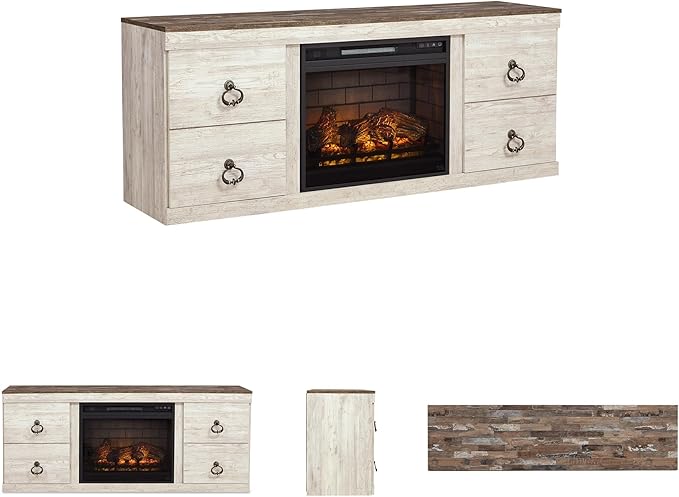 Signature Design by Ashley Willowton Cottage 60" TV Stand with Electric Fireplace for TVs up to 69", Whitewash