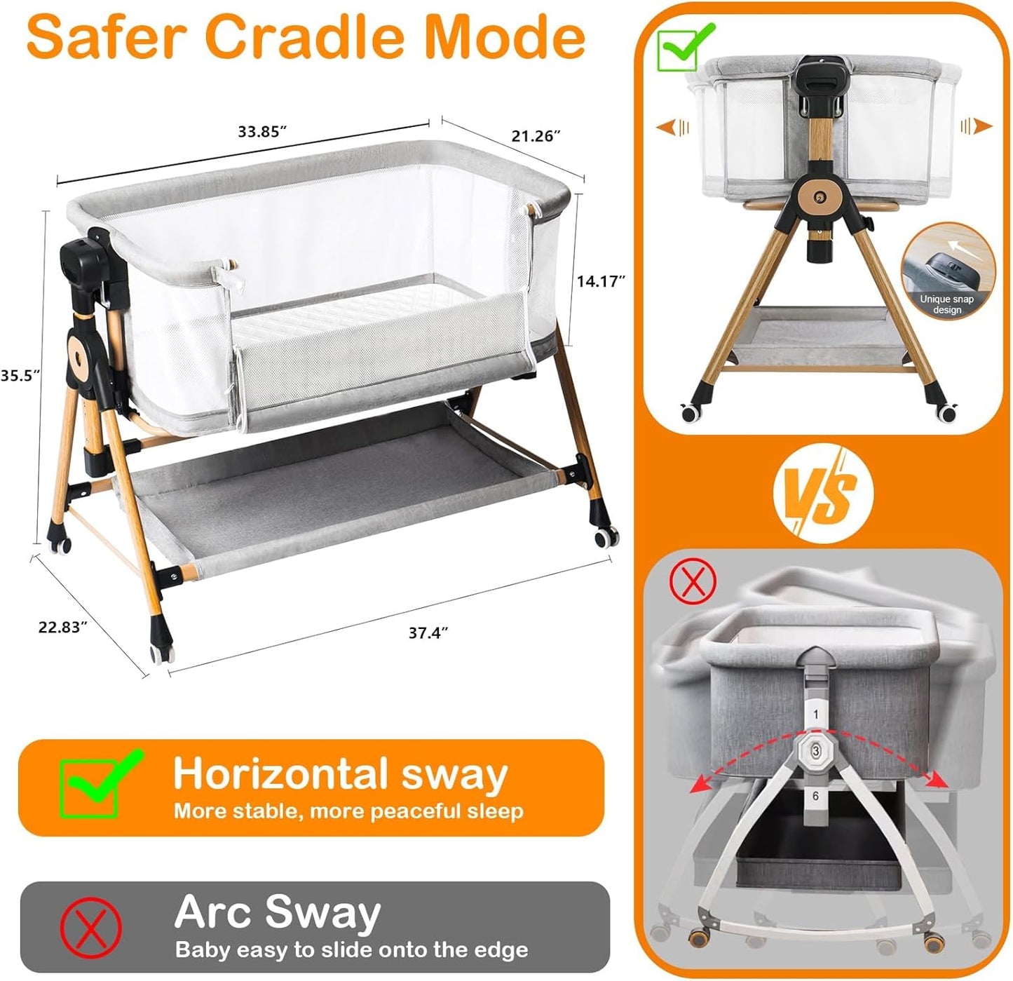 3 in 1 Baby Bassinet,Bedside/Rocking Bassinet for Baby,Bedside Crib with Lockable Wheels,Waterproof Mattress,Adjustable 6 Heights,Portable Bassinets Bedside Sleeper for Newborn Infant