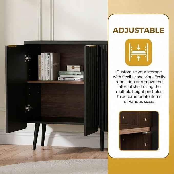 47.2" Modern Fluted Sideboard Cabinet with 4 Doors, Wood Storage Credenza with Shelves, Multi-Purpose Buffet Cabinet for Entryway, Dining & Living Room, Black