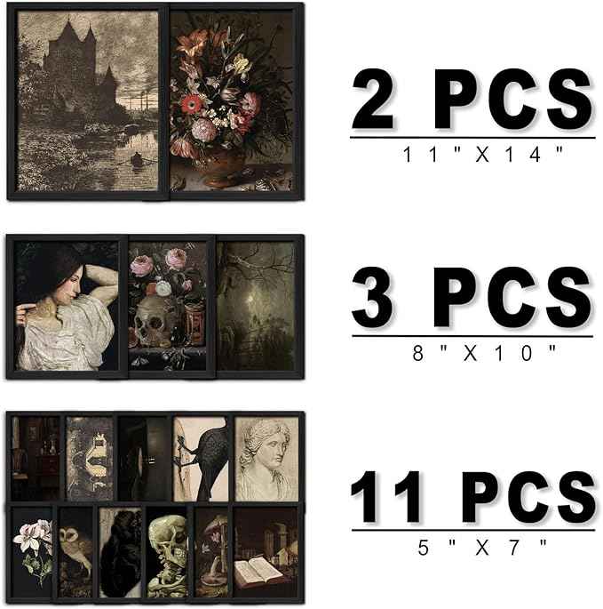 16 PCS Framed Dark Academia Room Decor, Gothic Home Decor, Moody Wall Art Prints for Bedroom, Gallery Wall Frame Set, Witchy Posters for Living Room Aesthetic, Halloween Dorm Collage Kit