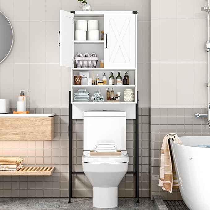 Vabches Over The Toilet Storage Cabinet, Farmhouse Over Toilet Storage Cabinet, Metal Frame with 2 Barn Doors, Home Space-Saving Toilet Rack for Bathroom, Toilet, Laundry Room