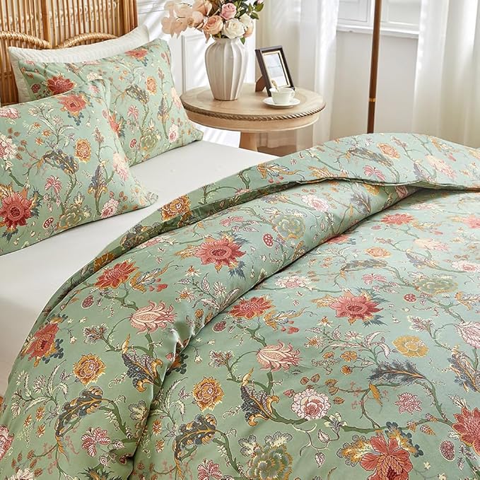 LifeTB Queen Comforter Set Boho Vintage Green Floral Comforter Bohemian Flower Vines Botanical Comforter with 2 Pillowcases Fluffy Soft Microfiber Farmhouse Floral Bedding Comforter Set Queen Size
