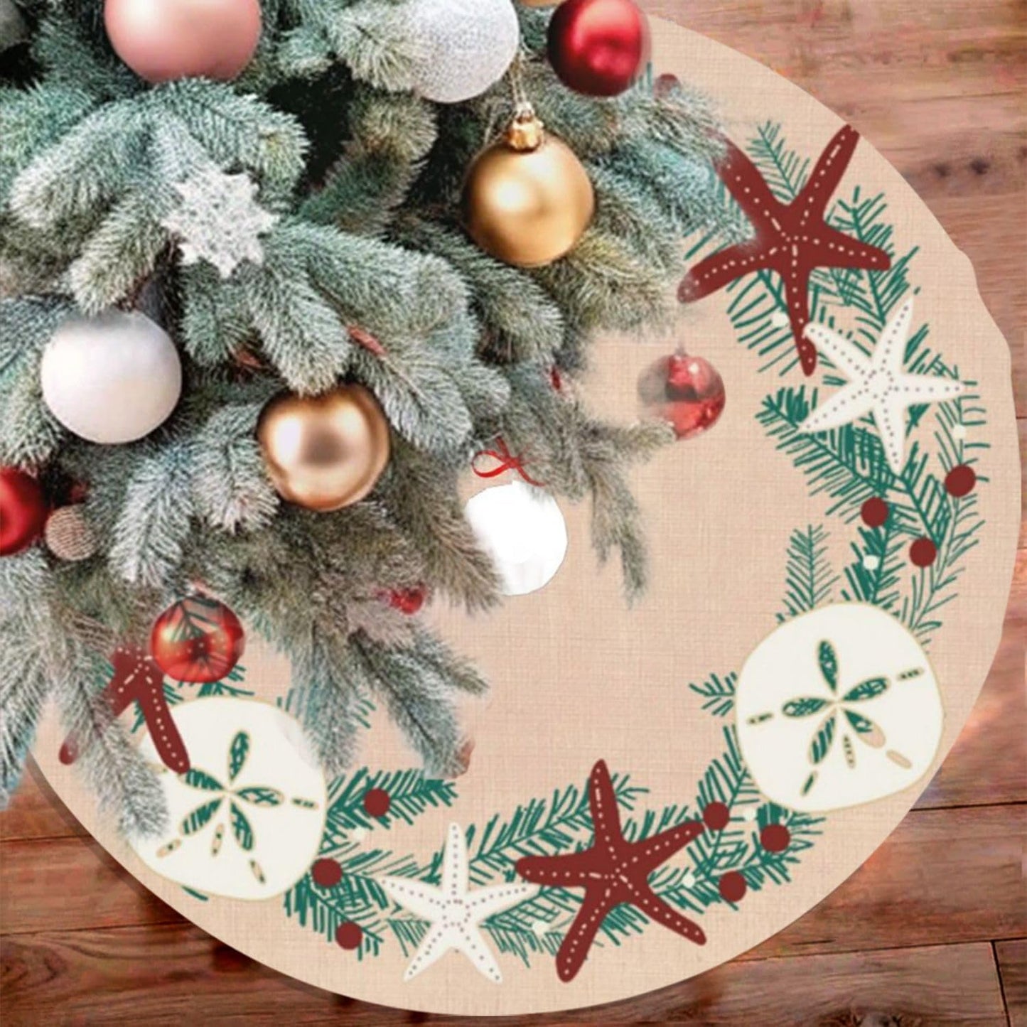 36" Large Christmas Tree Skirt, Coastal Rustic Beach Christmas Holiday Starfish Pattern Tree Mat Base Cover for Xmas Festive Holiday Party Decoration Ornaments