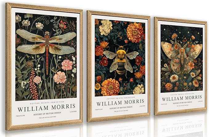 Hianan William Morris Animal Botanical Canvas Wall Art, Vintage Dragonfly Bee Butterfly Poster Prints, Maximalist Nature Flower Aesthetic Pictures for Living Room Bedroom Wood Framed 16"x24"x3