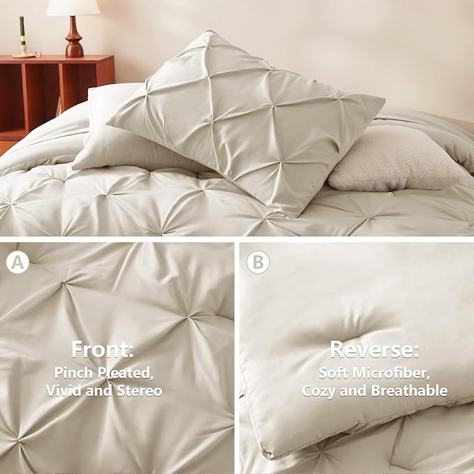 CozyLux King Size Comforter Set Oatmeal, 7 Pieces Pintuck Bed in A Bag Oatmeal Comforter King Size, Pinch Pleat Bedding Set with All Season Comforter, Sheets, Pillowcases & Shams