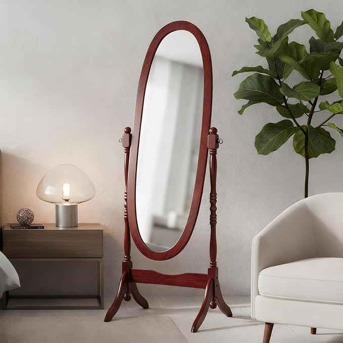 Full Length Mirror with Stand, Vintage Style Wood Floor Cheval Mirror, Traditional Adjustable Free Standing Mirrors Full Length (Cherry)