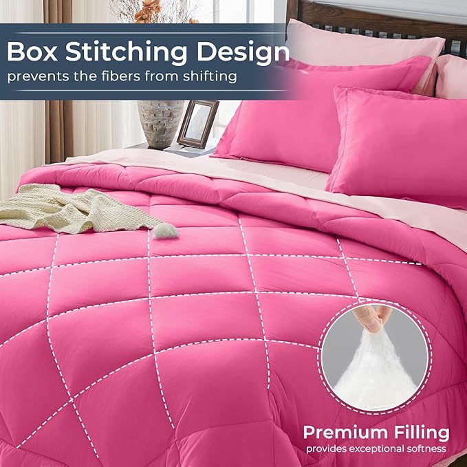 HEVUMYI Hot Pink & Baby Pink Cali-King Comforter Set - 7-Piece All Season Bed in a Bag Cali-King, Ultra Soft Bedding Set with Comforter, Flat Sheet, Fitted Sheet, Pillowcases, Pillow Shams