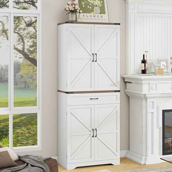 Vabches 72" Kitchen Pantry Storage Cabinet with Large Capacity Drawer, Adjustable Shelves, Freestanding Cupboard for Kitchen, Dining Room, Living Room, White