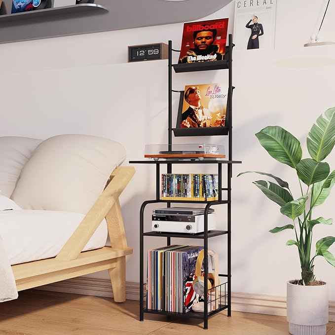 Record Player Stand with Vinyl Storage - 6-Tier Turntable Table with Adjustable Feet, Metal & Wood Cabinet - Console Organizer Display Shelf for Living Room, Apartment
