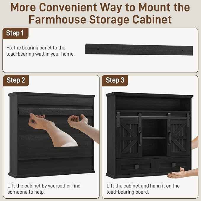 Vabches Bathroom Wall Cabinet, Farmhouse Medicine Cabinet with Double Sliding Barn Door and Storage Drawer, Wooden Vintage Storage Cabinet Wall Mounted for Bathroom, Kitchen, Rustic Black