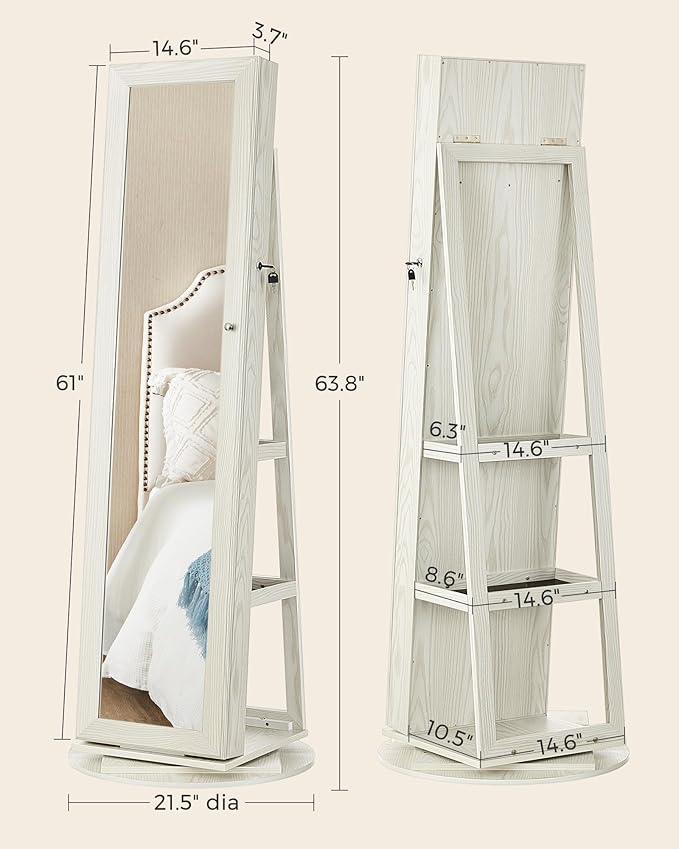 SONGMICS 360° Swivel Jewelry Cabinet, Lockable Jewelry Organizer with Full-Length Mirror, Rear Storage Shelves, Interior Mirror, Jewelry Armoire, Gift Idea, White with Gray Wood Grain UJJC006W01