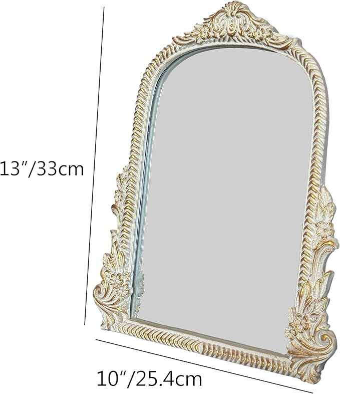 Baroque White Vintage Vanity Mirror 13x10 Inch, Wall-Mounted & Tabletop Dual-Use, Ornate Gold Accent Retro Decorative Mirror for Bedroom Dresser, Bathroom, Living Room and Dorm