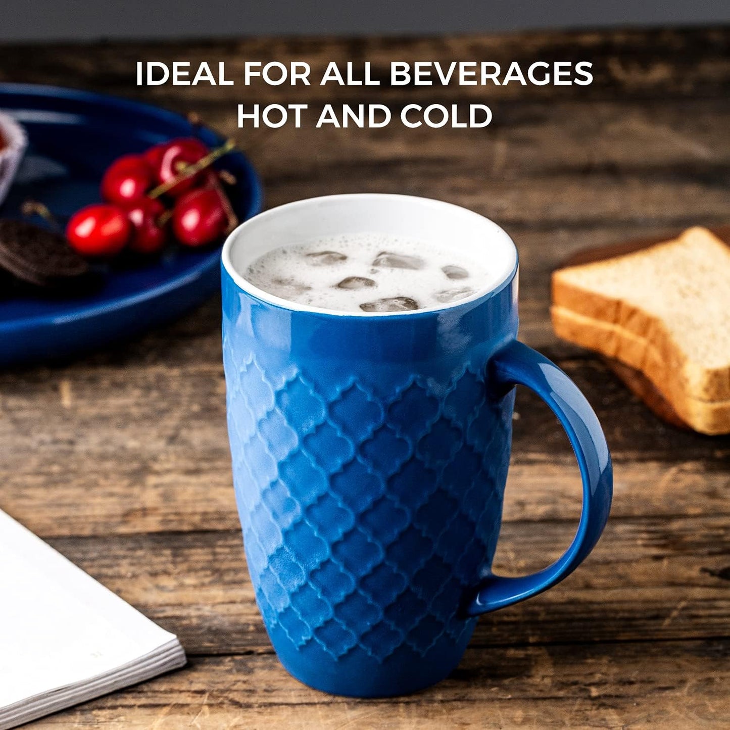 AmorArc Extra Large Coffee Mugs Set of 6, 20oz Ceramic Tall Coffee Mugs Set with Textured Geometric Patterns for Latte/Tea/Beer/Hot Cocoa, Dishwasher & Microwave Safe, Blue