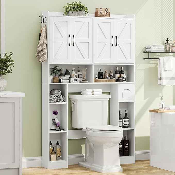 Vabches Over The Toilet Storage Cabinet with 4 Barn Doors, Bathroom Organizer with Toilet Paper Holder & Adjustable Shelves, Space-Saving Farmhouse Toilet Shelf for Bathroom,Restroom,Laundry