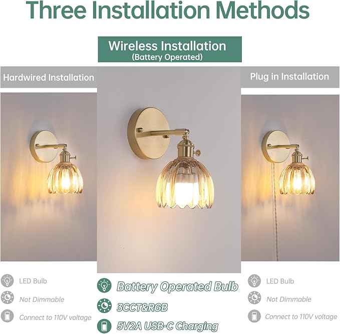 Vintage Battery Operated Wall Sconce with Amber Tulip Glass Lampshade 5000 mAh Rechargeable Battery Powered Wall Light with Remote Control for Bedside Bedroom Doorway, Set of 2