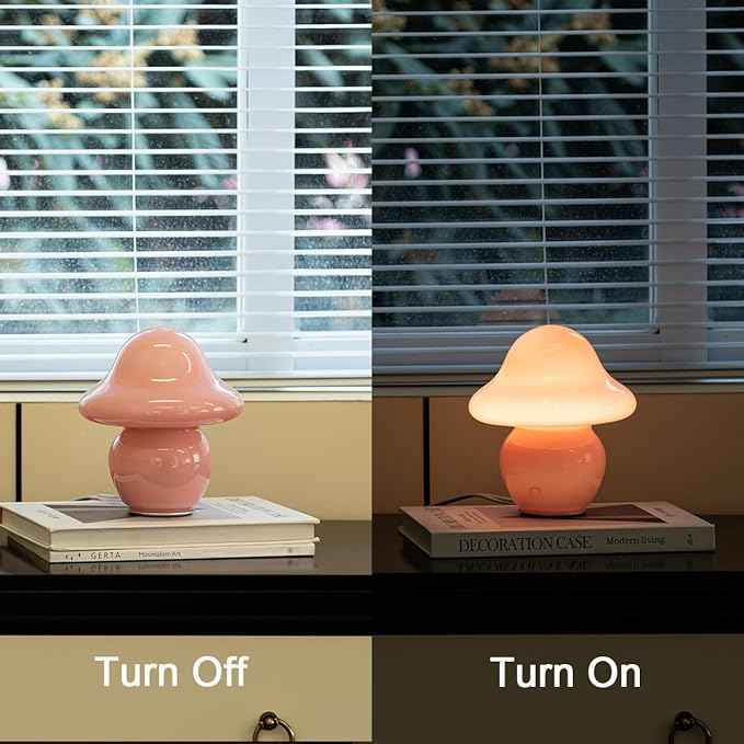 Mushroom Lamp Pink Glass Mushroom Table Lamp for Bedrooms, Living Room, Aesthetic Lamps for Bedroom, Cute Bedside Lamp