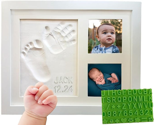 Baby Hand & Footprint Frame Keepsake Kit | Capture Milestone Moments with Safe Clay, Stencil Set & Wood Frame | Perfect Newborn Gift for Baby Showers | White