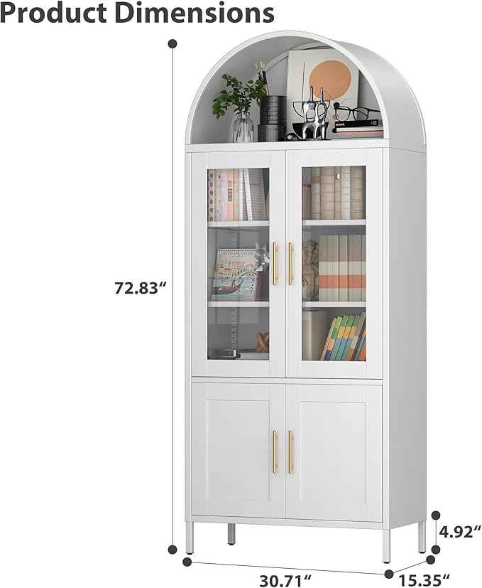 Metal White Arched Pantry Cabinet with 4 Doors,Arched Bookcase Cabinet with 2 Adjustable Shelves for Kitchen Home Office,Required Assembly