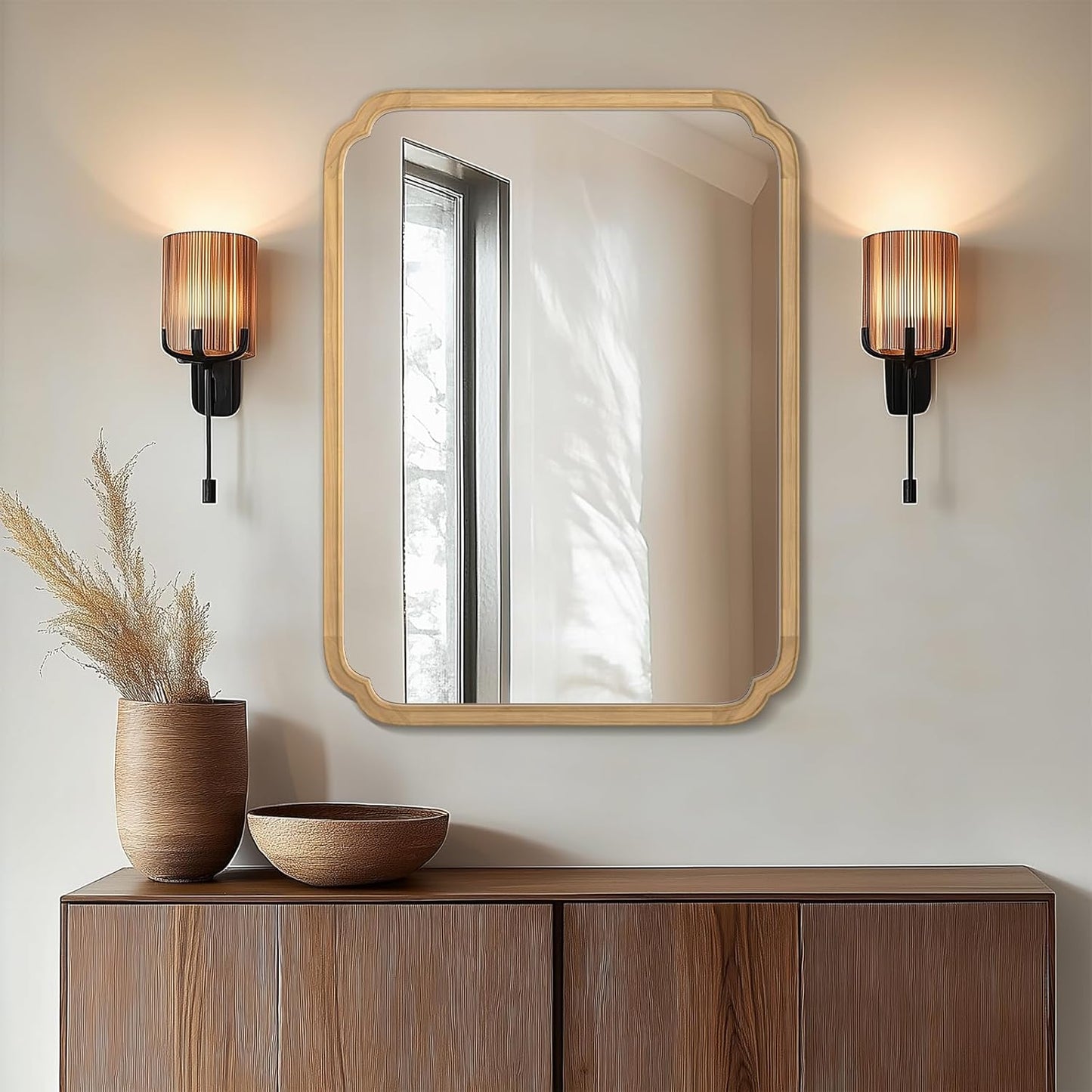 WallBeyond 30" x 40" Rounded Corner Arch Wall Mirror with Wood Frame for Entryway, Living Room or Bedroom Home Decor - Light Woodgrain [30 x 40 inches, Natural Color]