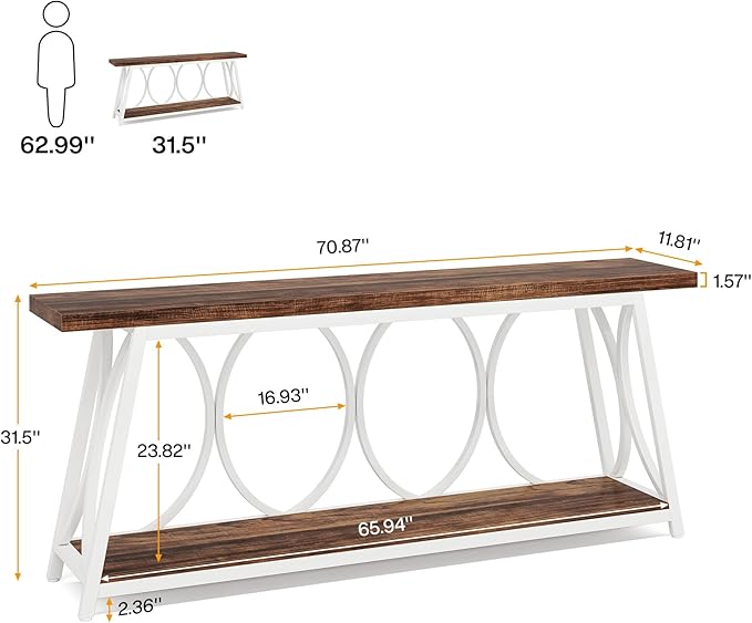 Tribesigns 70.9 inch Extra Long Console Table, Industrial Sofa Table Behind Couch with 2 Tier Storage Shelf, Narrow Entryway Hallway Accent Table for Living Room, White & Brown