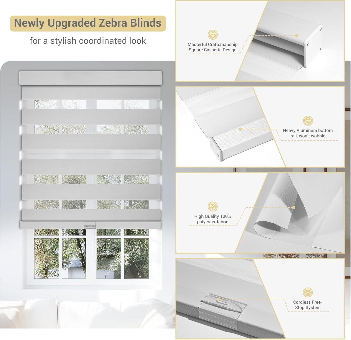 Cordless Zebra Blinds for Windows, Blackout Interior Blinds,Easy to Install,UV Protection,for Offices and Home,Custom Roller Shades, Solid White, 28" W x 72" H