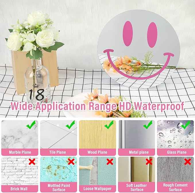 DARENYI Pink Preppy Mirror Circle, 12 inch Smiling Face Aesthetic Mirror for Teen Girls Preppy Room Wall Decor