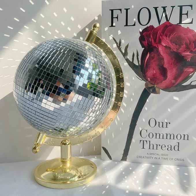Disco Ball Globe Home Decor Statues Classic Tabletop Art Sculpture Gold Discoball Unique Western Modern Decorative Aesthetic Sculptures, 6.5" x 6" x 9",Bright Gold
