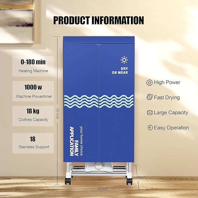Clothes Dryer, Portable Drying Machine with Timer, 60inch Laundry Drying Wardrobe with Large Capacity, Electric Dryer/Rack for Home | Appartments (Blue ZU1)