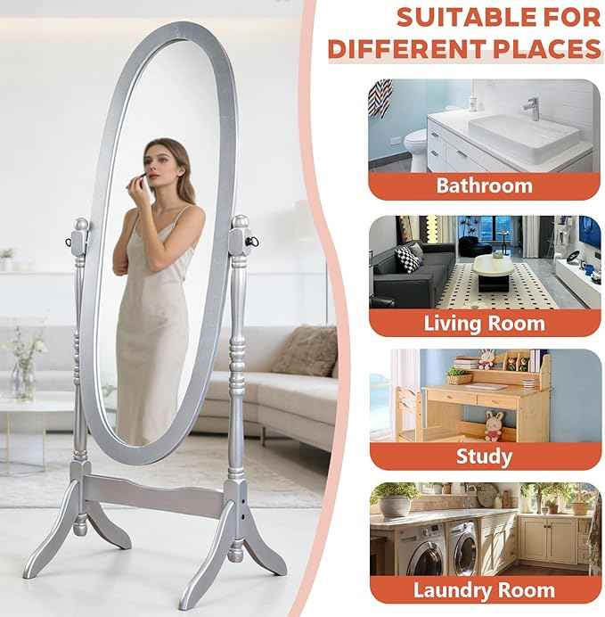 Full Length Mirror with Stand, Swivel Adjustable Oval Wood Cheval Floor Mirror, Dressing Cheval Mirror for Bedroom Livingroom, Interior Gift Idea (Silver)