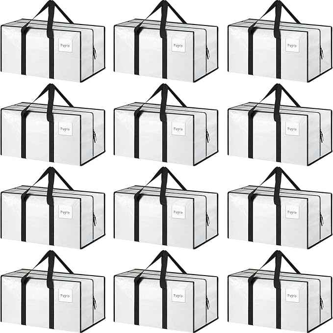 12 Pack Extra Heavy Duty Large Moving Bags with Strong Zipper & Comfortable Handles, Sturdy & Durable Clothes Storage Bags Totes Bins, Packing Moving Boxes for College Supplies, White