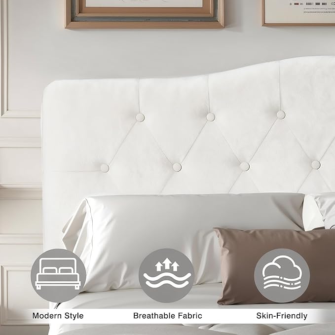 VECELO Queen Size Bed Frame with Upholstered Headboard, Velvet Platform Bedframe Mattress Foundation, Sturdy Wooden Slats Support,No Box Spring Needed Noise Free/Easy Assembly, White