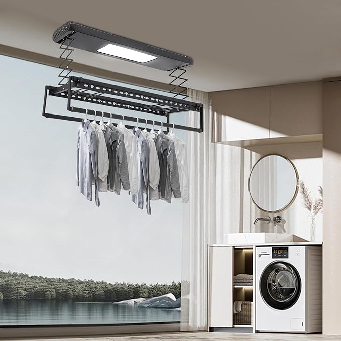 Electric Retractable Airing Rack Black, Ceiling Clothesline 77lbs Load, Ceiling Mounted Clothes Drying Rack 24W with Remote and Light for Laundry Balcony (Black)