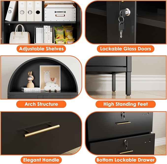 Tall Black Arched Bookcase, Metal Arched Bookshelf with 2 File Drawers and Locking Glass Doors,Assemble Required