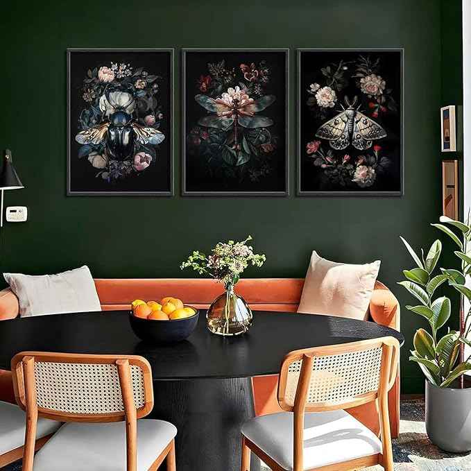 Dark Botanical Insect Canvas Wall Art Gothic Insect And Botanical Posters Prints Dark Academia Moody Floral Cottagecore Art Painting Vintage Dragonfly Beetle Moth Pictures Wall Decor Unframed