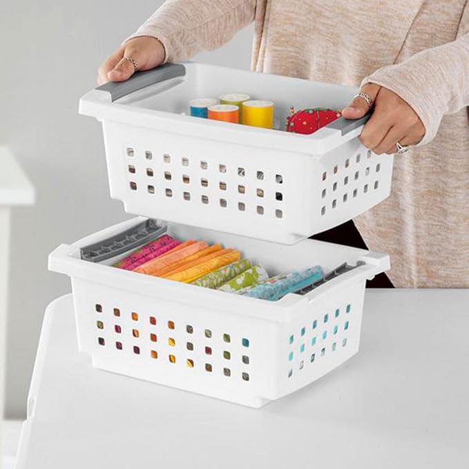 Sterilite 16608008 Small Stacking Basket with Vertical Stacking Functionality and Titanium Accents for Organization in Home or Office, White (16 Pack)