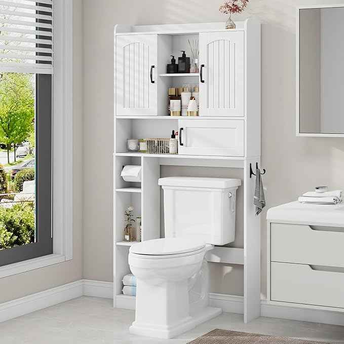 Vabches Farmhouse Over The Toilet Storage Cabinet with 2 Barn Doors & Sliding Door, Over The Toilet Bathroom Organizer with Open Storage Layer and Adjustable Shelves & Hooks.White