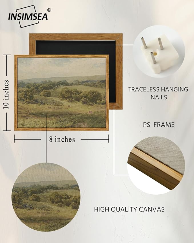 InSimSea Framed Canvas Wall Art, Vintage Landscape Art for Living Room Hallway Shelf, 10x8in,Hills Pasture Watercolor Painting, Rustic Farmhouse Cozy Cottage Mid Century Small Nature Decor