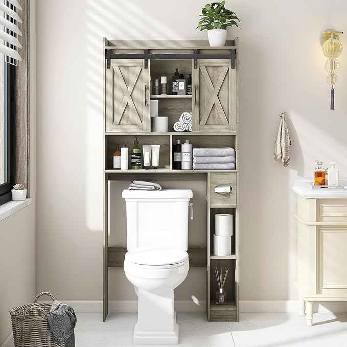 Vabches Over The Toilet Storage Cabinet, Farmhouse Storage Cabinet Over Toilet with Sliding Door& Toilet Paper Holder Stand，Home Space-Saving Toilet Rack, for Bathroom, Restroom, Laundry