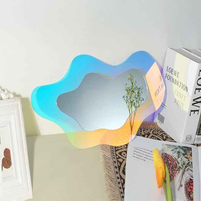 Irregular Wall Mirror Wavy Acrylic Rainbow Mirror Room Decor Aesthetic Mirrors Amorphic Vanity Retro Mirrors for Bedroom Living Room Bathroom Entryway Wall Decor ( Clouds Style, 15.5 x 10.5 Inches )