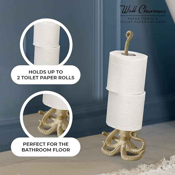WallCharmers Gold Paper Towel Holder, Metal Toilet or Kitchen Paper Holder for Floor or Countertop, Gold Octopus