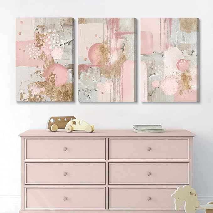 3Pcs Framed Pink and Gold Canvas Wall Art Abstract Posters Print Geometric Pictures Decor for Living Room Bedroom Bathroom Home Decoration