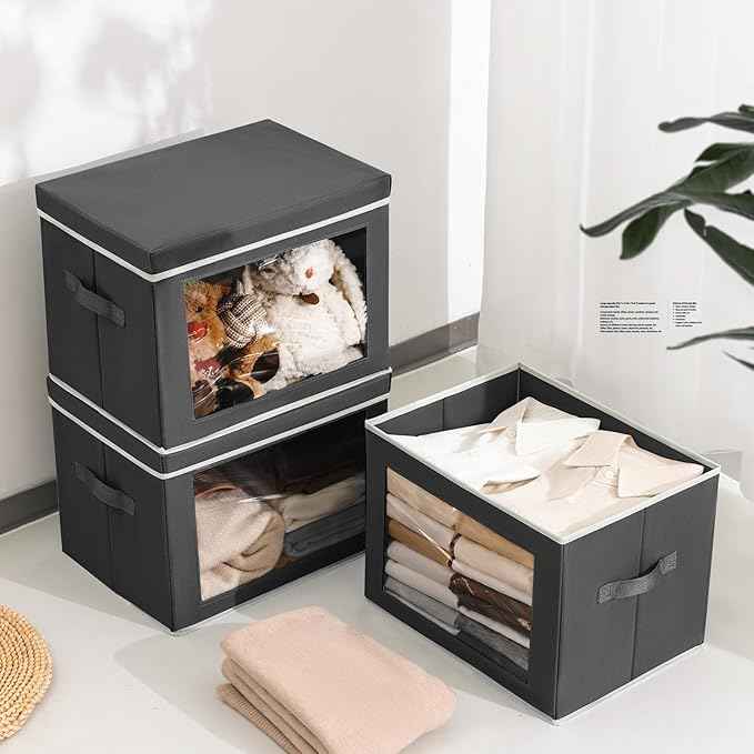 Stackable Storage Bins with Lids - Large Storage Box with Lids, Foldable Closet Boxes for Organizing, Wardrobe Clothes Organizer with Window, Cubes Bins for Living Room, 4 Pack, Dark Grey